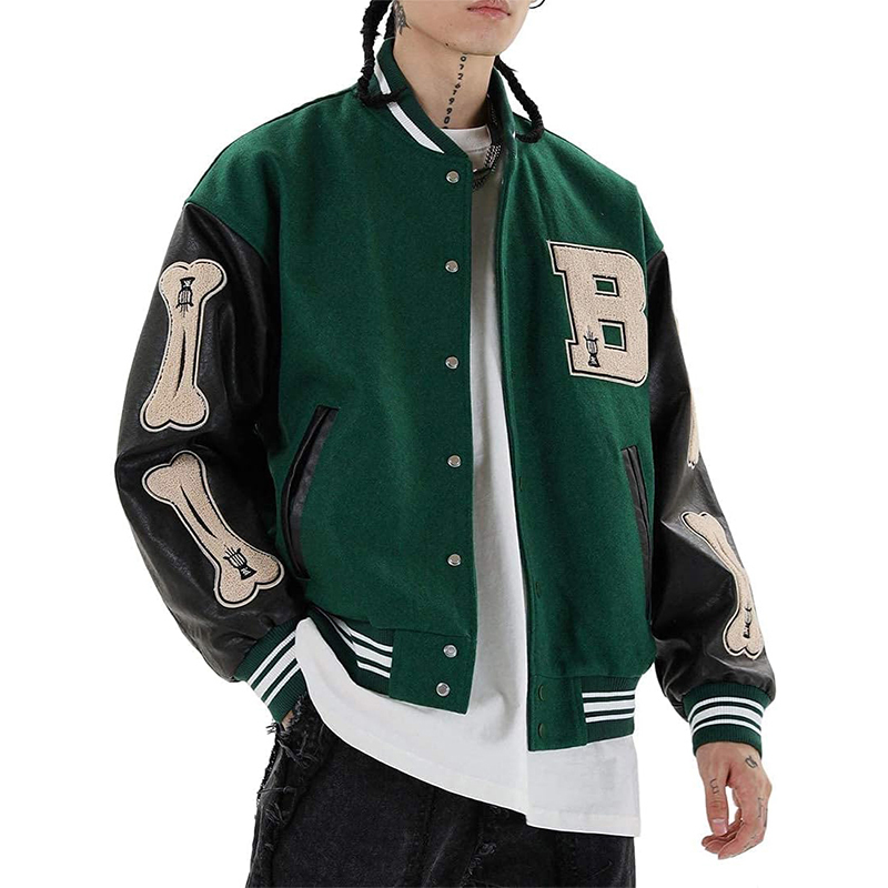 Custom Wholesale Men's Varsity Jacket Manufacturer Leather Sleeves Black Purple Green
