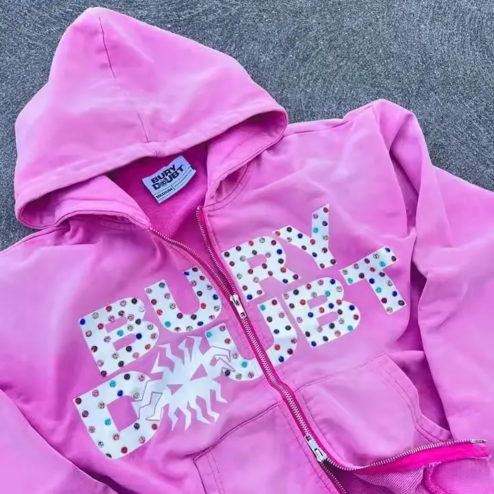 Custom Embroidery Acid Washed Zip up Hoodie