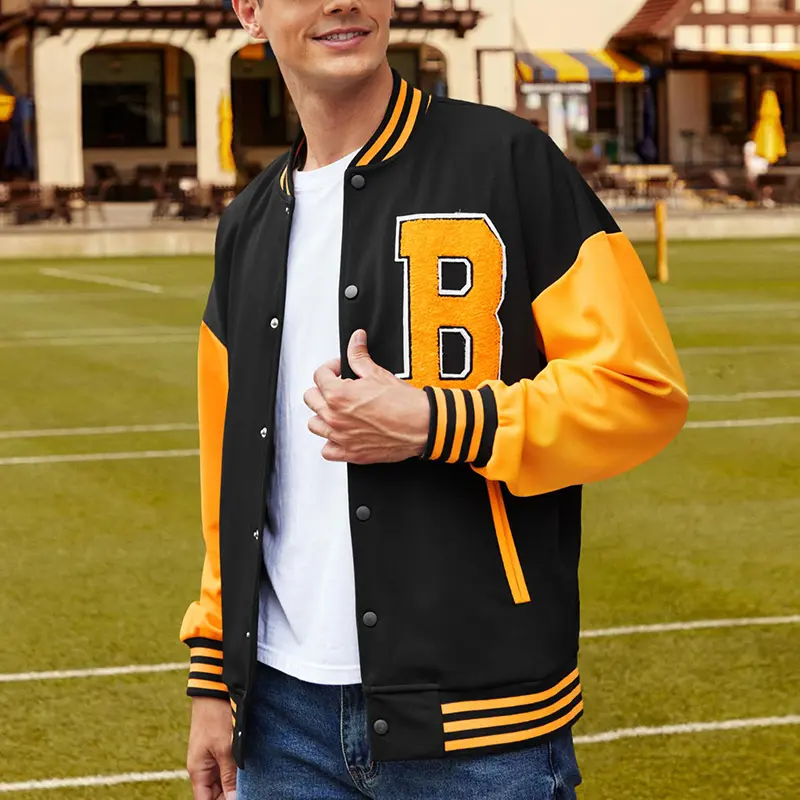 Custom Wholesale Black varsity jacket Mens Orange Leather Sleeves Supplier  (6)r5x