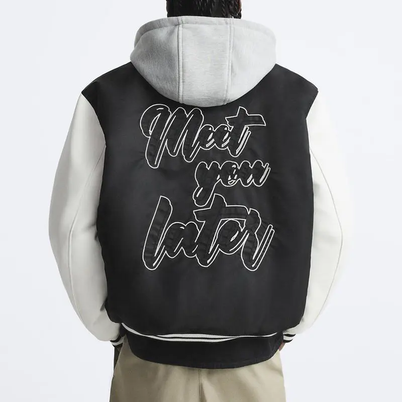 Custom Wholesale Mens Hooded Jacket Embroidered Patches Varsity Jacket Manufacturer