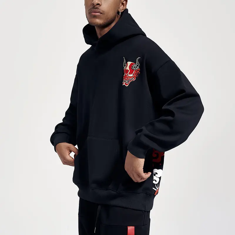 Custom Wholesale Men's Dragon Embroidered Black Hoodies Factory (8)c0p