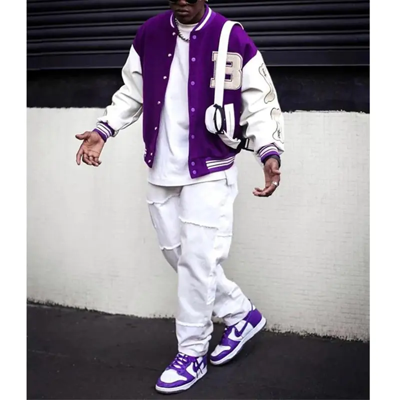 Custom Wholesale Men's Varsity Jacket Manufacturer Leather Sleeves Black Purple Green (8)93c