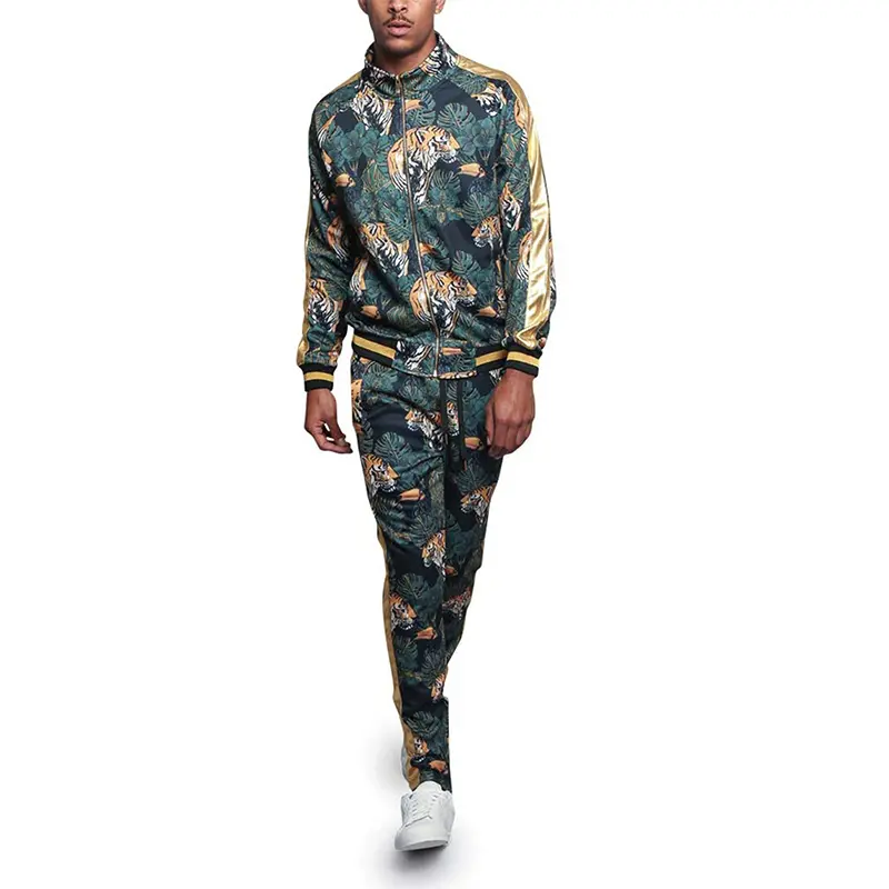 Custom Wholesale Men's Drawstring Waistband Tracksuit Floral Tiger Pattern Men Tracksuit Set Supplier
