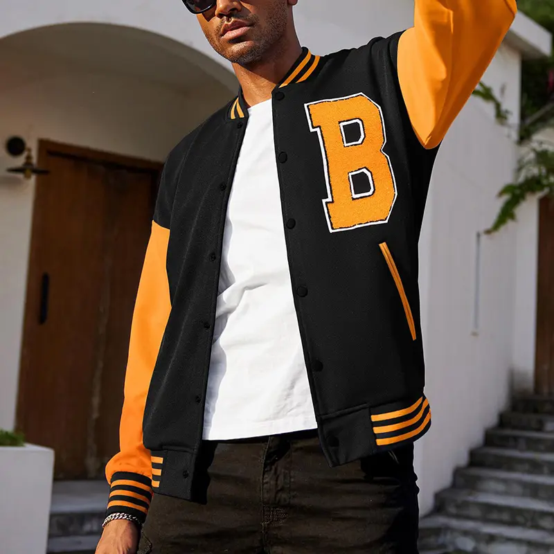 Custom Wholesale Black varsity jacket Mens Orange Leather Sleeves Supplier  (7)qom