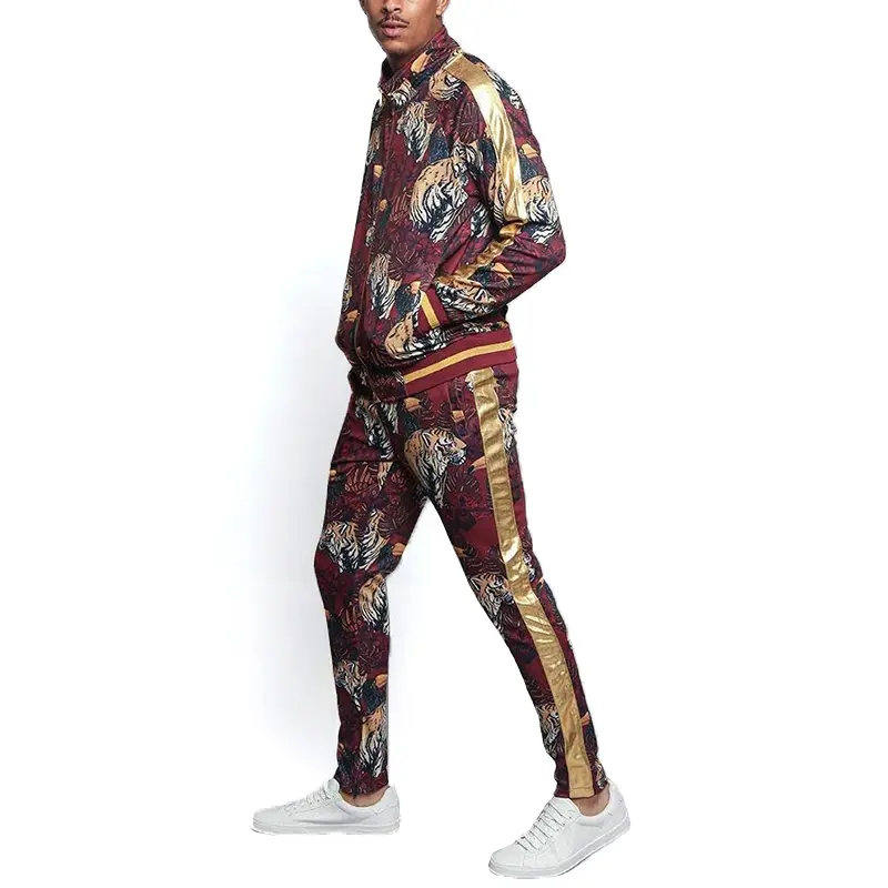 Custom Wholesale Men's Drawstring Waistband Tracksuit Floral Tiger Pattern Men Tracksuit Set Supplier